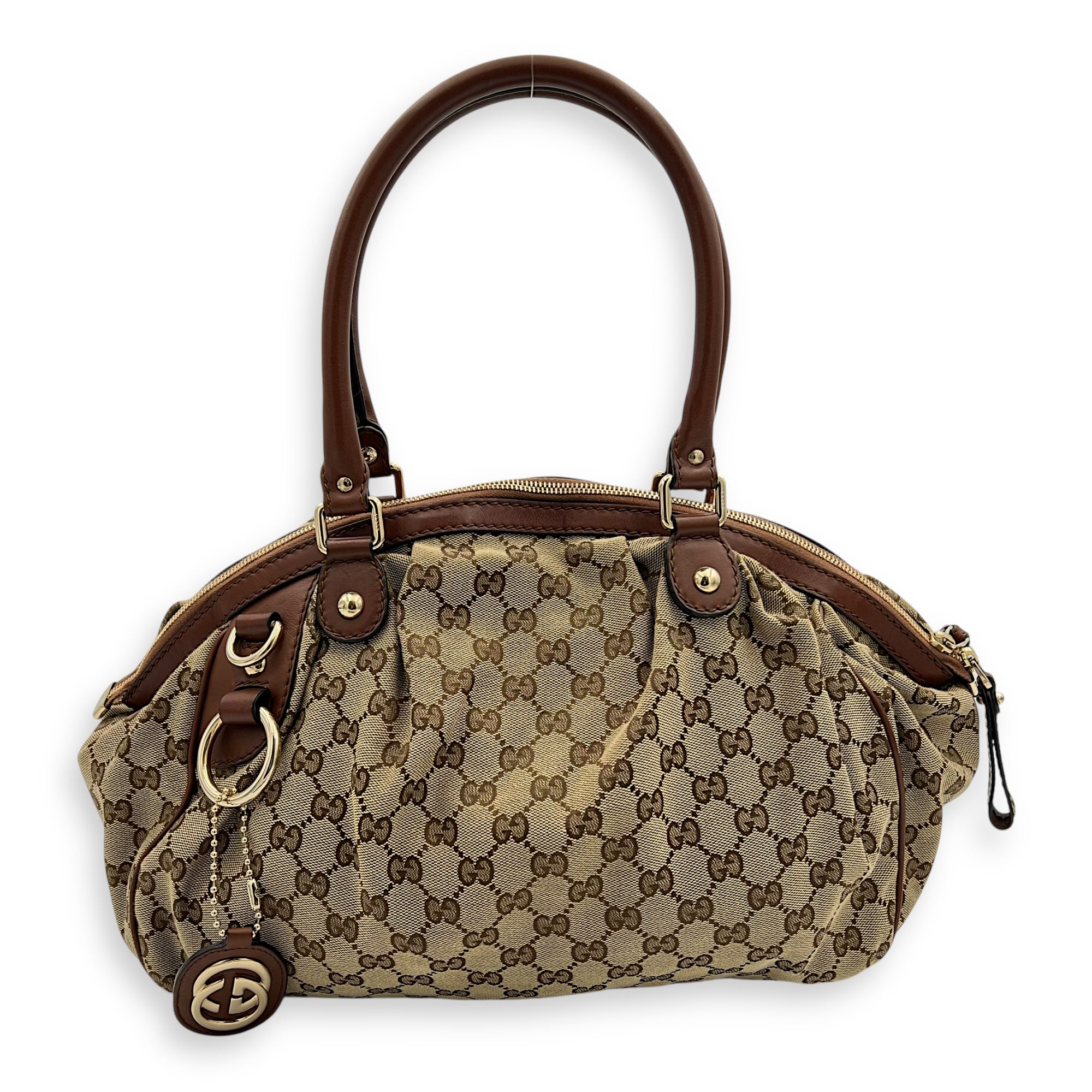 GG Top Handle Bag Brown in Jacquard, Gold hardware