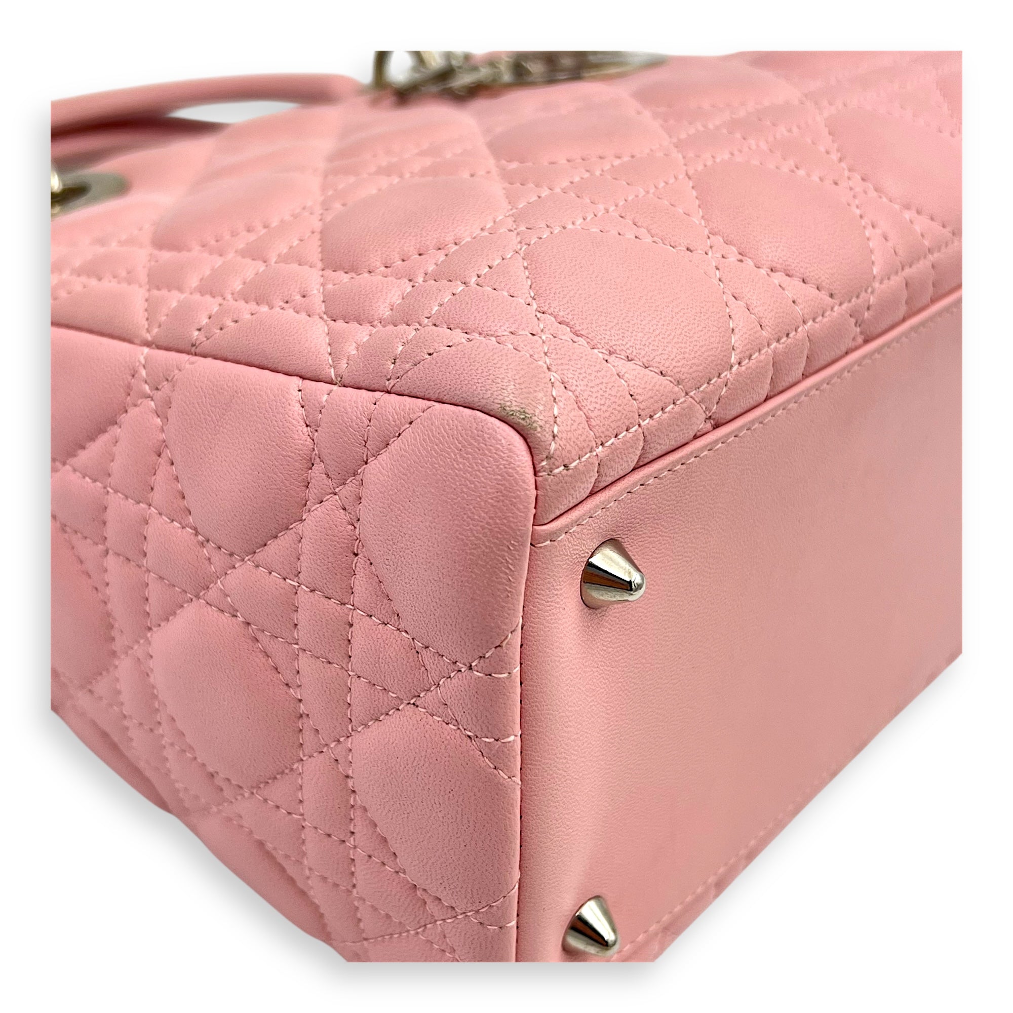 Lady Dior Top Handle Bag Medium Pink in Calfskin, Silver hardware - Image 8