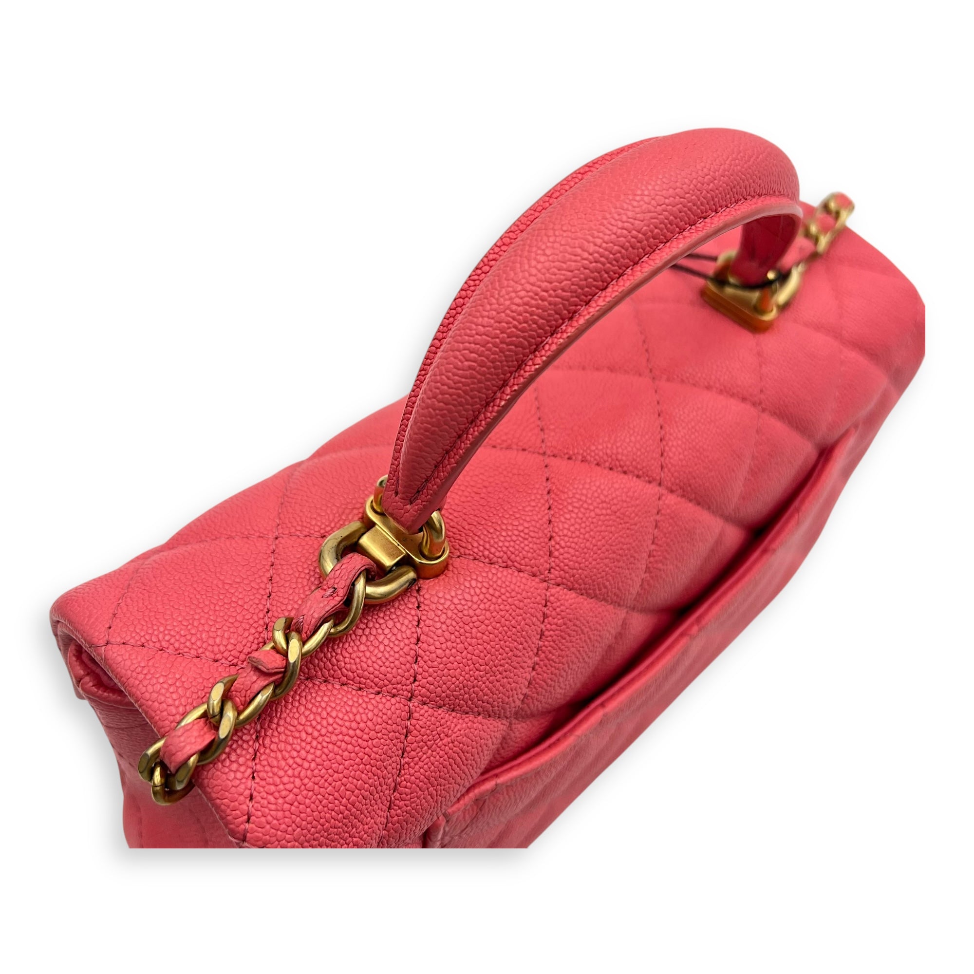 Rectangle Flap Mini Pink Top Handle Bag in Caviar Leather, Brushed Gold hardware - Image 13