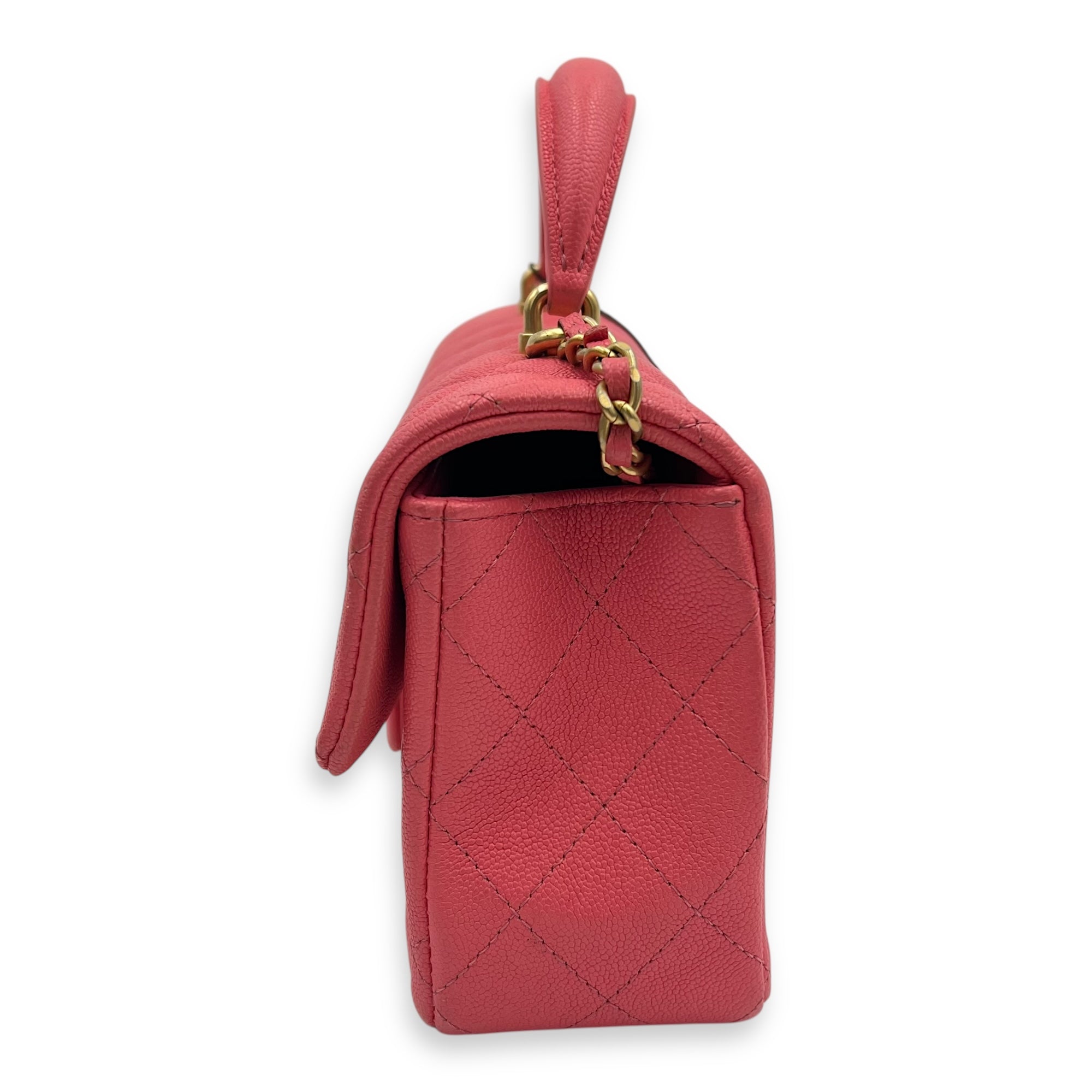Rectangle Flap Mini Pink Top Handle Bag in Caviar Leather, Brushed Gold hardware - Image 4