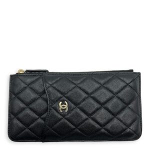 CC Black Phone Holder with Card Holder in Caviar Leather, Gold hardware