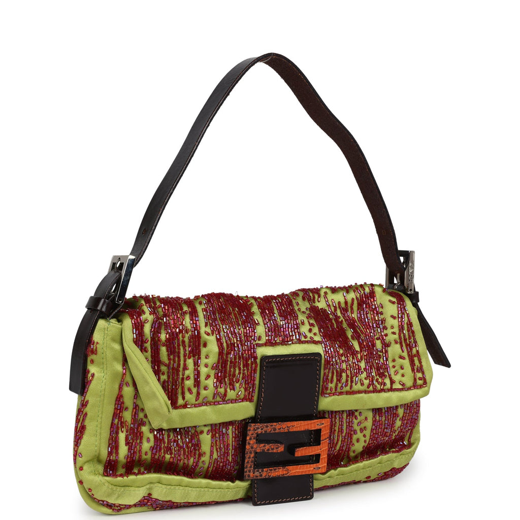 Vintage Fendi Baguette Bag Green and Red Beaded Satin Orange Python Silver Hardware - Image 3