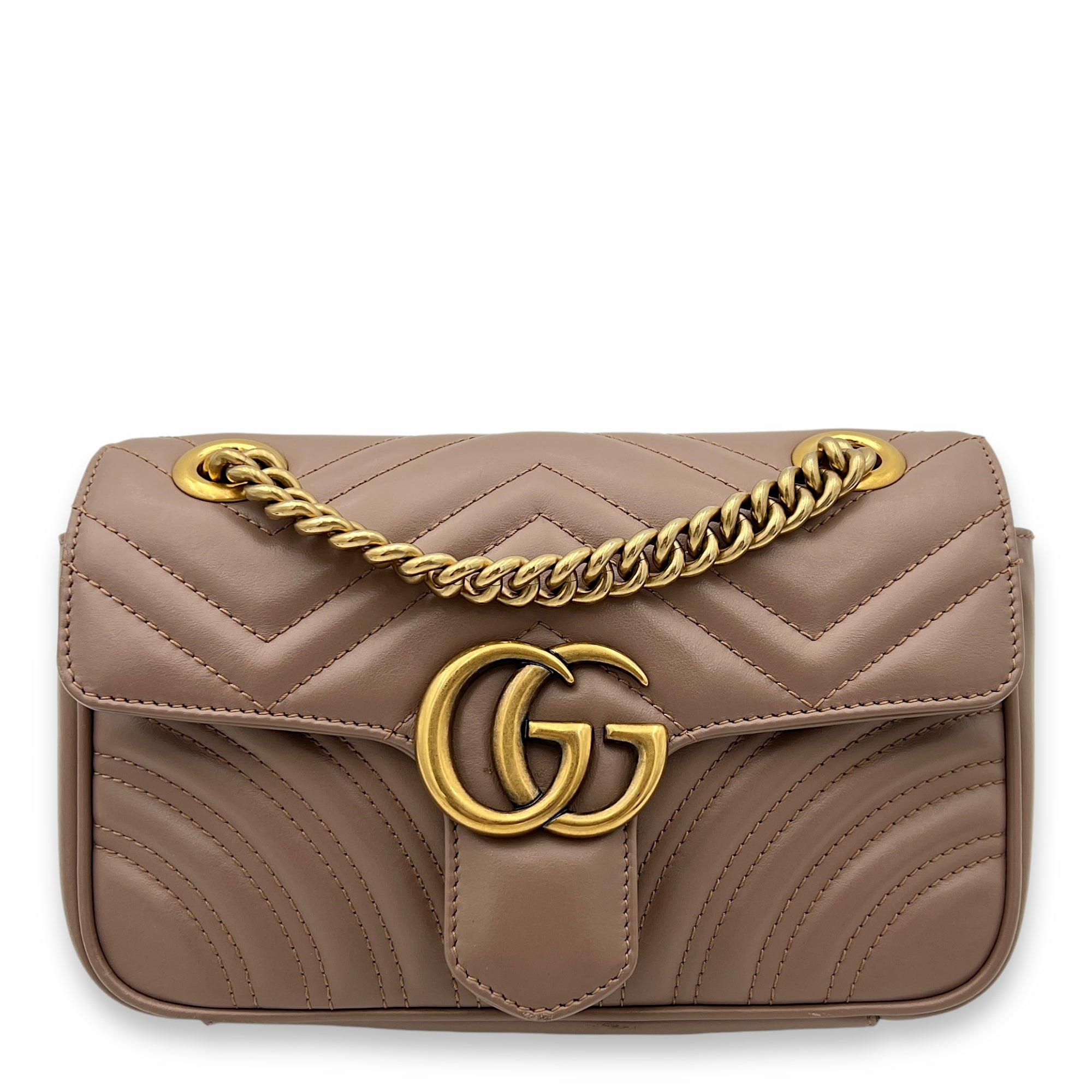GG Marmont Mini Beige Crossbody Bag in Calfskin, Gold hardware