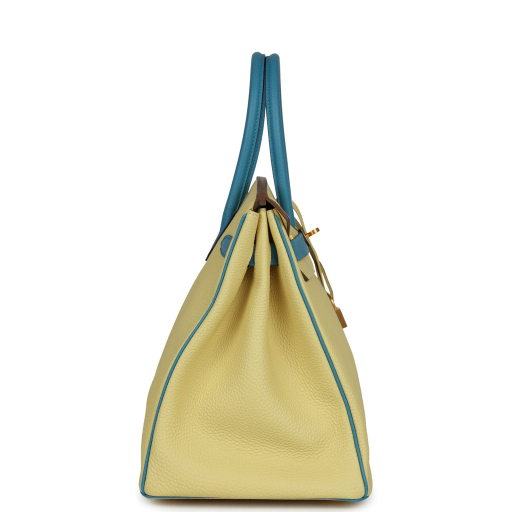 Pre-owned Hermes Special Order (HSS) Birkin 35 Jaune Poussin and Bleu Paradise Togo Brushed Gold Hardware - Image 4