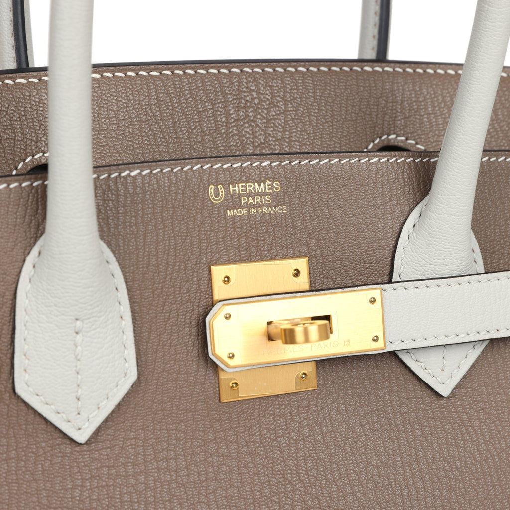 Pre-owned Hermes Special Order (HSS) Birkin 30 Etoupe and Gris Perle Chevre Brushed Gold Hardware - Image 8