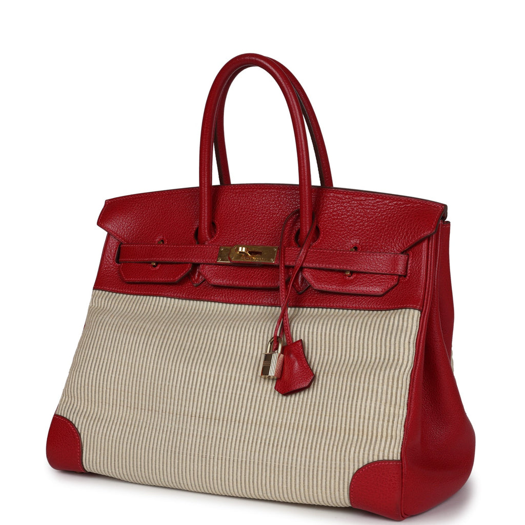 Vintage Hermes Birkin 35 Rouge Vif Buffalo and Crinoline Gold Hardware - Image 6