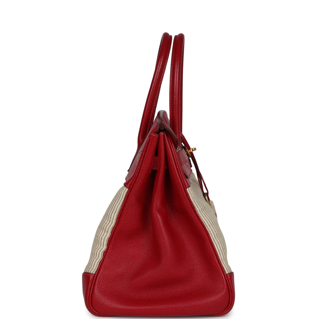 Vintage Hermes Birkin 35 Rouge Vif Buffalo and Crinoline Gold Hardware - Image 4