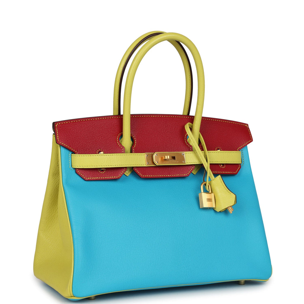 Hermes Special Order (HSS) Tri-color Birkin 30 Bleu Aztec, Soufre and Rouge Vif Chevre Brushed Gold Hardware - Image 3