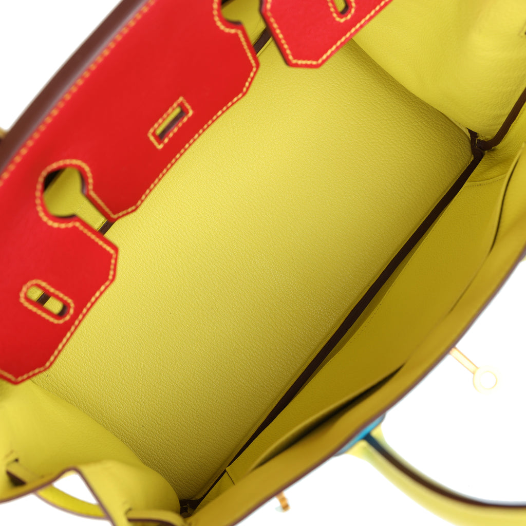 Hermes Special Order (HSS) Tri-color Birkin 30 Bleu Aztec, Soufre and Rouge Vif Chevre Brushed Gold Hardware - Image 9