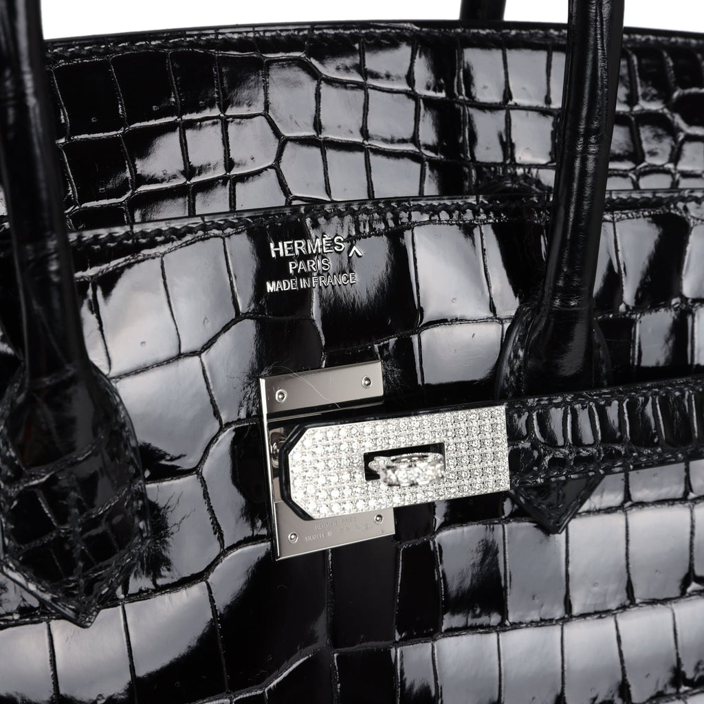 Pre-owned Hermes Birkin 35 Black Shiny Porosus Crocodile 18K White Gold Diamond Hardware - Image 9