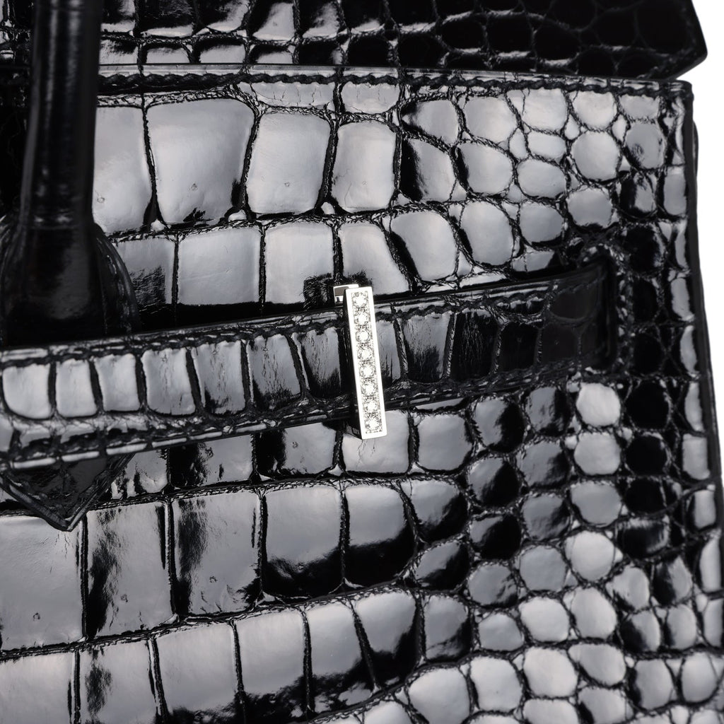 Pre-owned Hermes Birkin 35 Black Shiny Porosus Crocodile 18K White Gold Diamond Hardware - Image 10