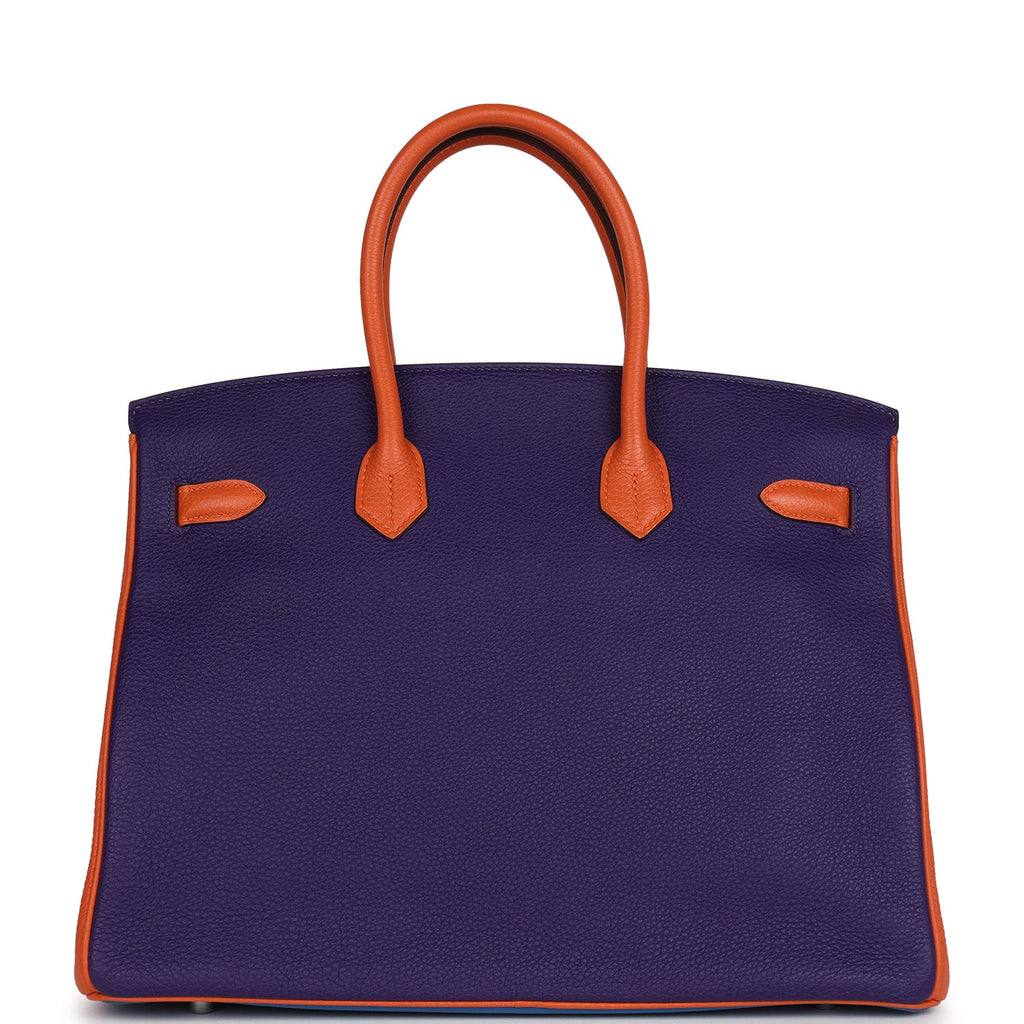 Pre-owned Hermes Special Order (HSS) Birkin 35 Tricolor Bleu Hydra, Ultraviolet and Orange Togo Palladium Hardware - Image 5