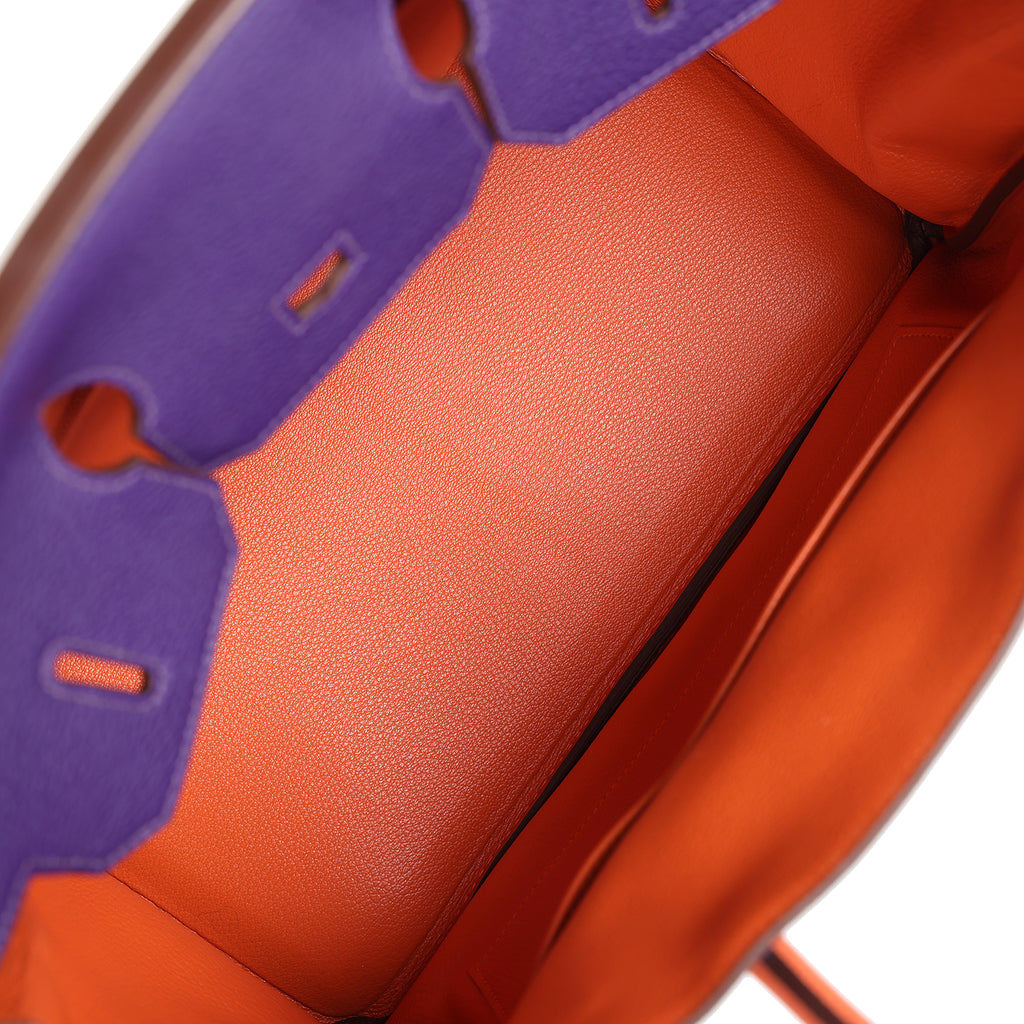 Pre-owned Hermes Special Order (HSS) Birkin 35 Tricolor Bleu Hydra, Ultraviolet and Orange Togo Palladium Hardware - Image 9