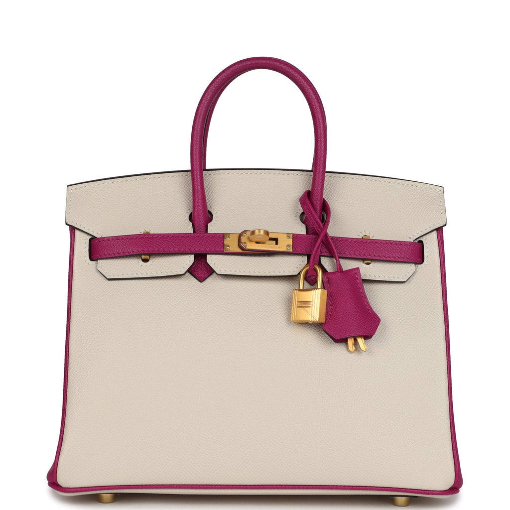 Hermes Special Order (HSS) Birkin 25 Craie and Rose Pourpre Epsom Brushed Gold Hardware