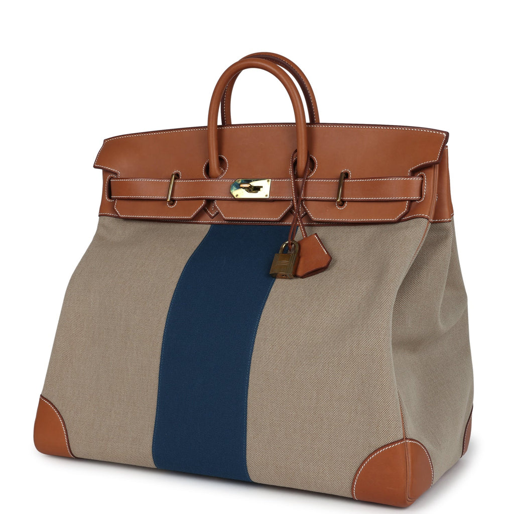 Pre-owned Hermes Birkin HAC 50 Flag Ficelle Toile H, Fauve Barenia and Bleu Toile H Canvas Gold Hardware - Image 6