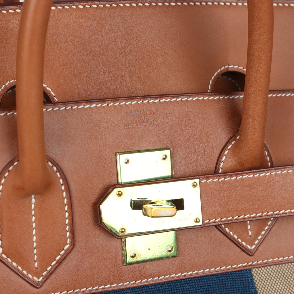 Pre-owned Hermes Birkin HAC 50 Flag Ficelle Toile H, Fauve Barenia and Bleu Toile H Canvas Gold Hardware - Image 8