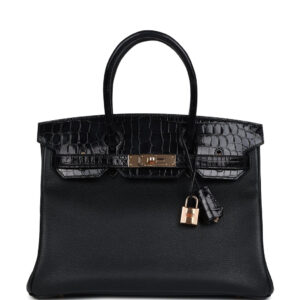 Pre-owned Hermes Birkin 30 Black Shiny Niloticus Crocodile and Novillo Touch Rose Gold Hardware