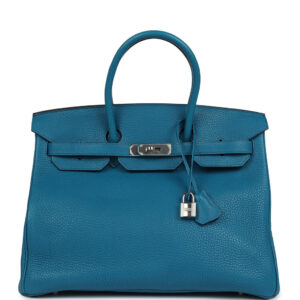 Pre-owned Hermes Birkin 35 Bleu Izmir Verso Clemence Palladium Hardware