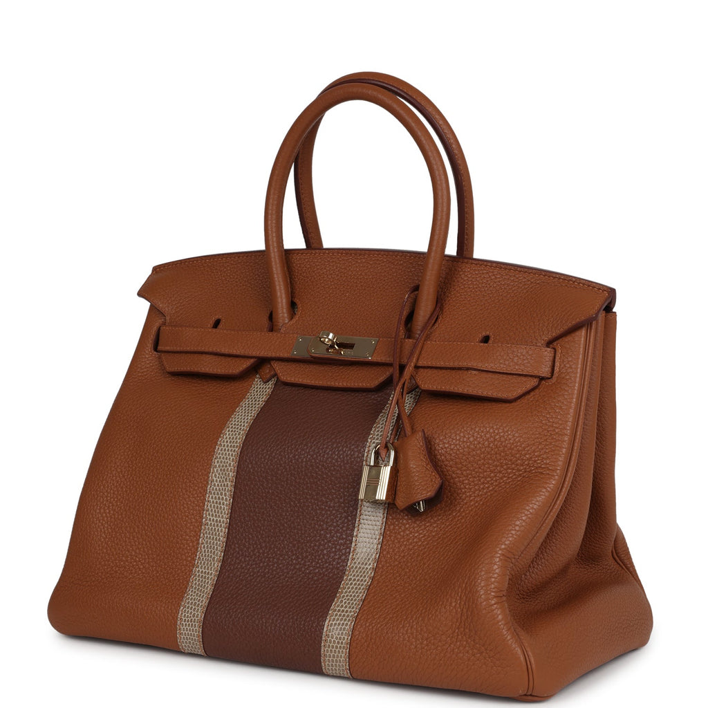 Pre-owned Hermes Birkin Club 35 Gold and Marron d'Inde Clemence and Ficelle Lizard Permabrass Hardware - Image 6