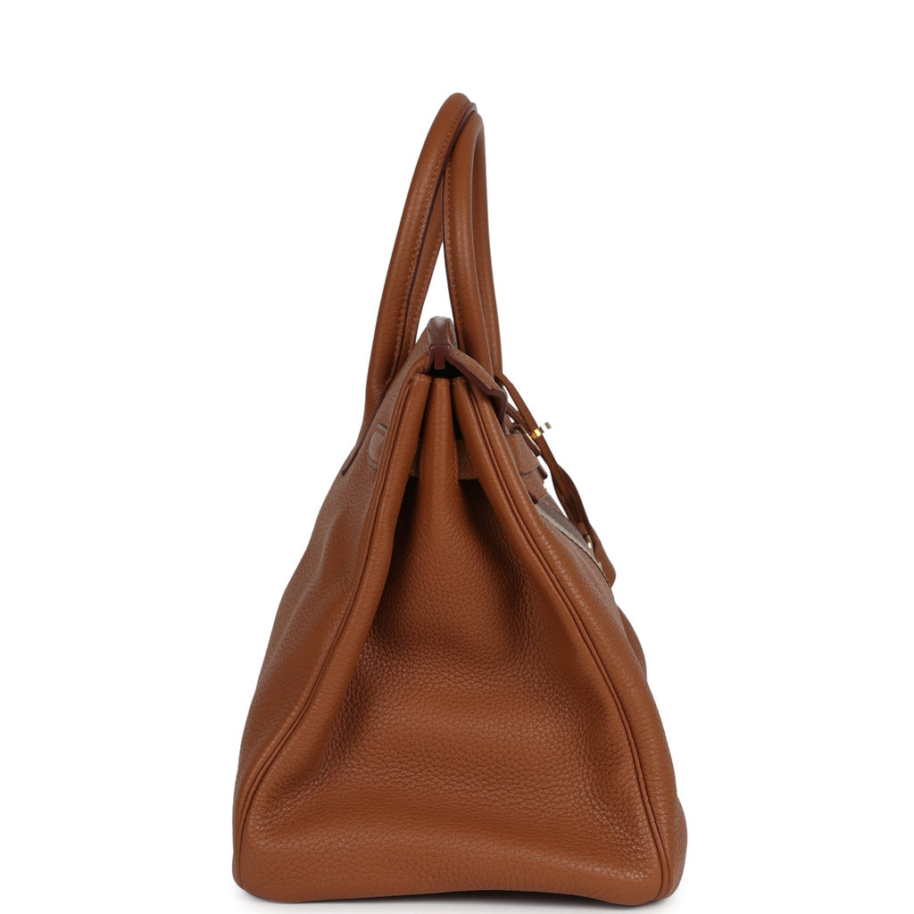 Pre-owned Hermes Birkin Club 35 Gold and Marron d'Inde Clemence and Ficelle Lizard Permabrass Hardware - Image 4