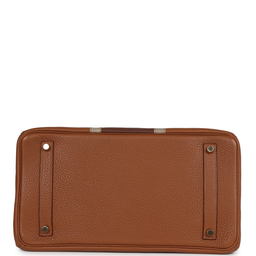 Pre-owned Hermes Birkin Club 35 Gold and Marron d'Inde Clemence and Ficelle Lizard Permabrass Hardware - Image 7