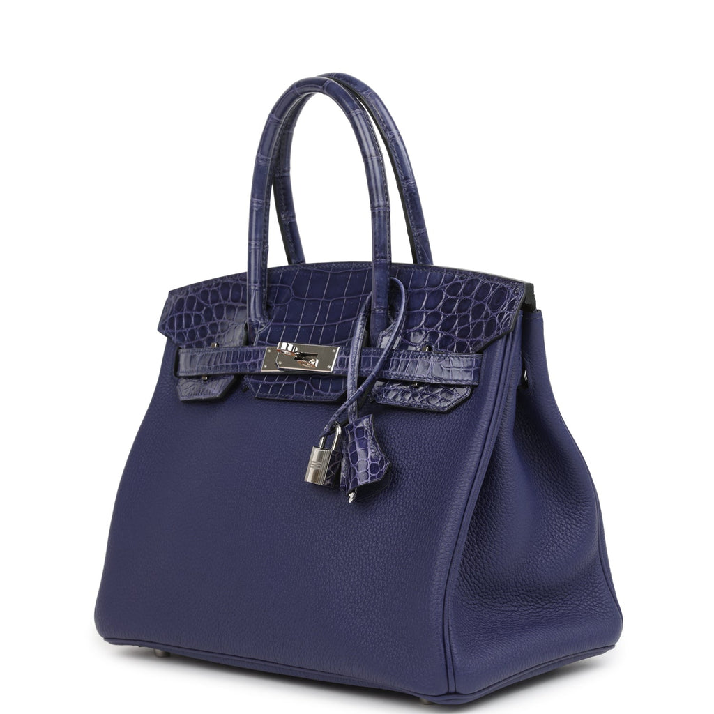 Pre-owned Hermes Birkin 30 Bleu Encre Togo and Shiny Niloticus Crocodile Touch Palladium Hardware - Image 6