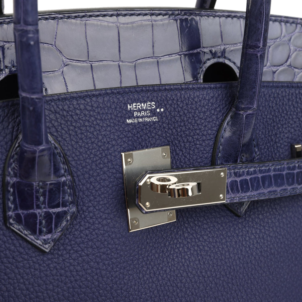 Pre-owned Hermes Birkin 30 Bleu Encre Togo and Shiny Niloticus Crocodile Touch Palladium Hardware - Image 8
