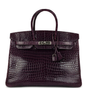 Pre-owned Hermes Birkin 35 Amethyst Shiny Porosus Crocodile Palladium Hardware