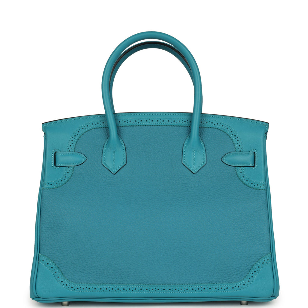 Pre-owned Hermes Birkin 30 Ghillies Turquoise Togo and Swift Palladium Hardware - Image 5