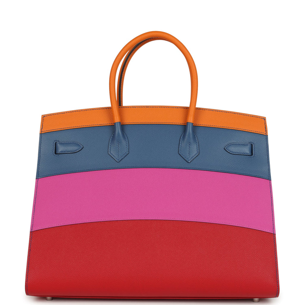 Hermes "Sunset" Birkin Sellier 35 Abricot, Bleu Agate, Magnolia and Rouge Casaque Epsom Palladium Hardware - Image 5