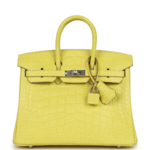 Pre-owned Hermes Birkin 25 Lime Matte Alligator Palladium Hardware