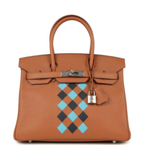 Pre-owned Hermes Birkin 30 Tressage De Cuir Gold Swift, Bleu Du Nord and Bleu Indigo Epsom Palladium Hardware