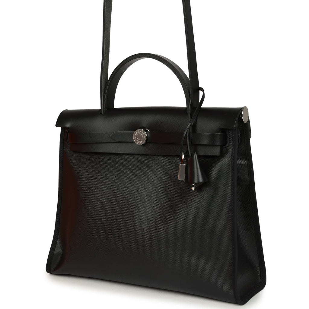Hermes Herbag Zip PM 31 Black and Ecru Toile H Berline and Black Vache Hunter Palladium Hardware - Image 6