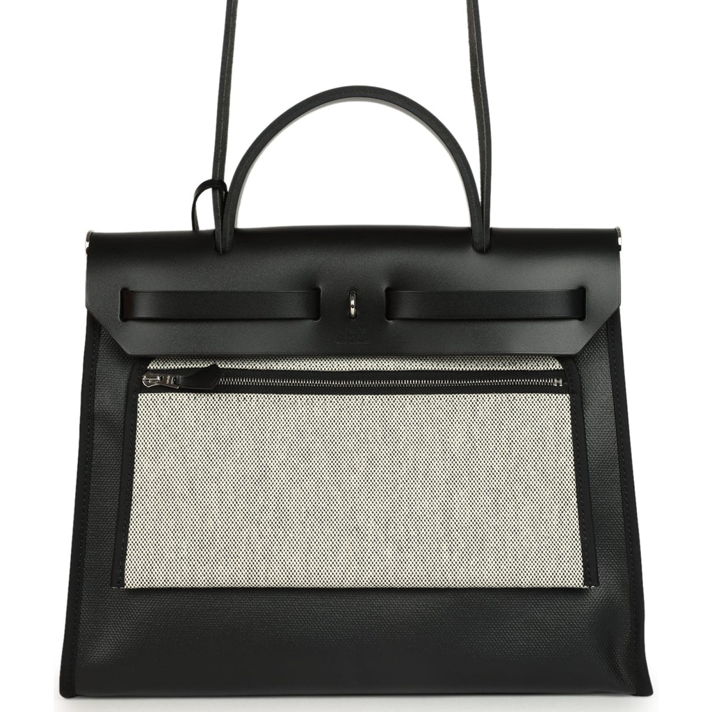 Hermes Herbag Zip PM 31 Black and Ecru Toile H Berline and Black Vache Hunter Palladium Hardware - Image 5