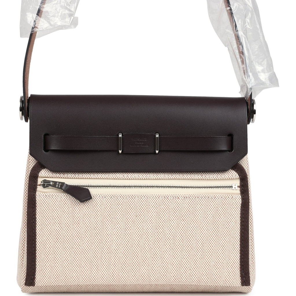 Hermes Herbag Zip 20 Mini Ecru and Beige Toile H Canvas and Ebene Vache Hunter Palladium Hardware - Image 5