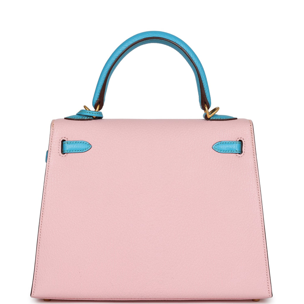 Hermes Special Order (HSS) Kelly Sellier 25 Rose Sakura and Bleu Aztec Chevre Brushed Gold Hardware - Image 6