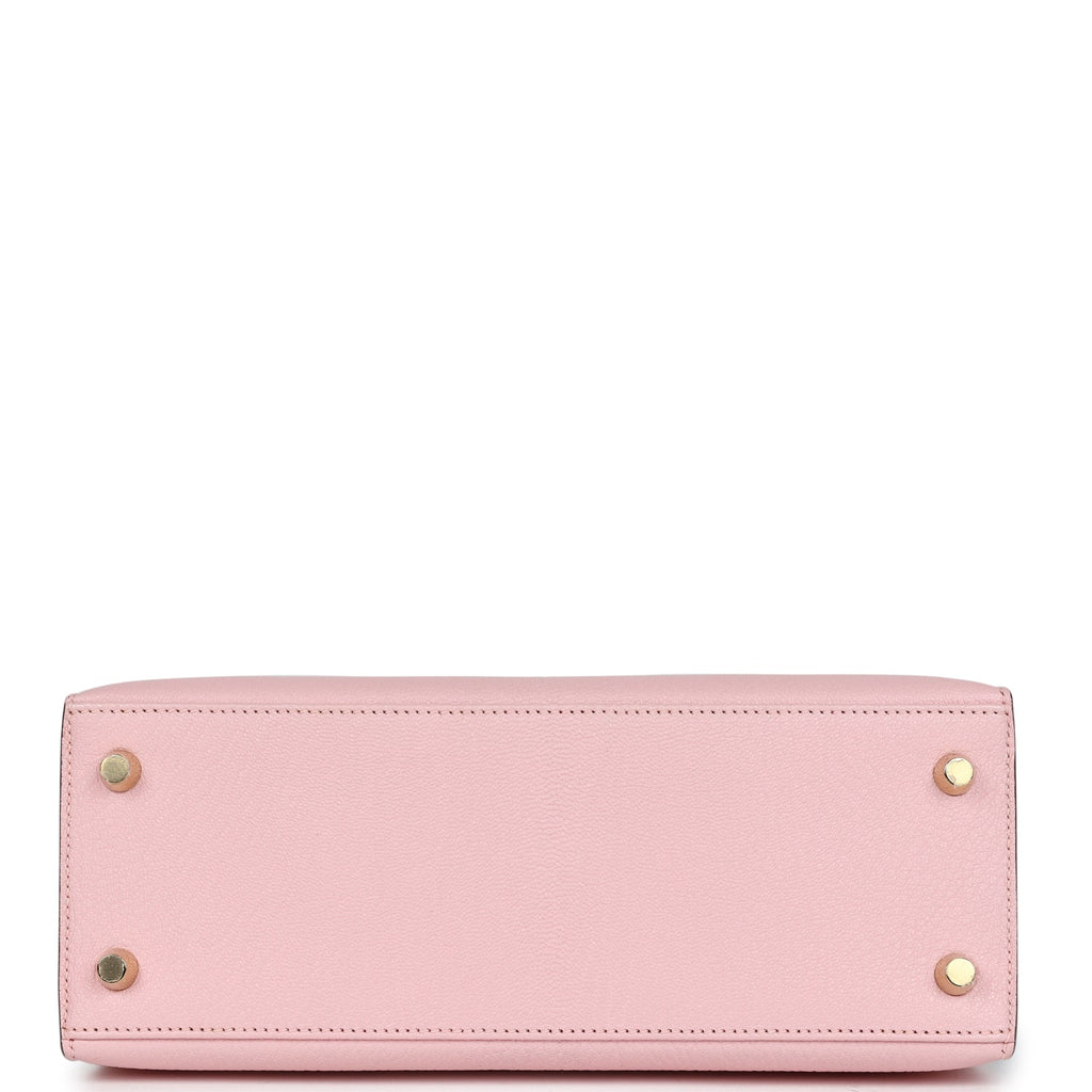 Hermes Special Order (HSS) Kelly Sellier 25 Rose Sakura and Bleu Aztec Chevre Brushed Gold Hardware - Image 7