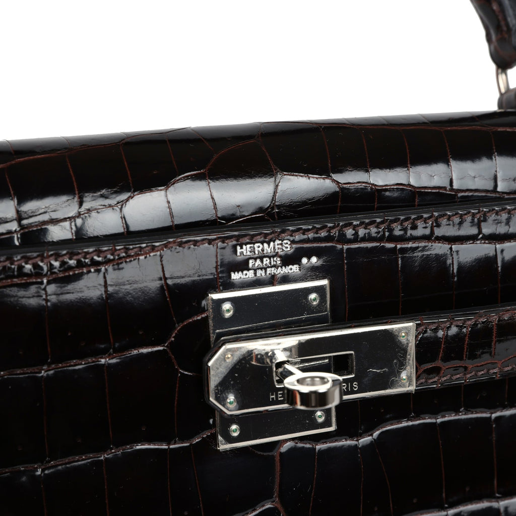 Vintage Hermes Kelly Sellier 28 Cocoan Shiny Niloticus Crocodile Palladium Hardware - Image 8