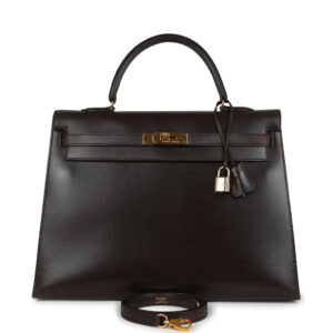 Vintage Hermes Kelly Sellier 35 Marron Fonce Box Gold Hardware