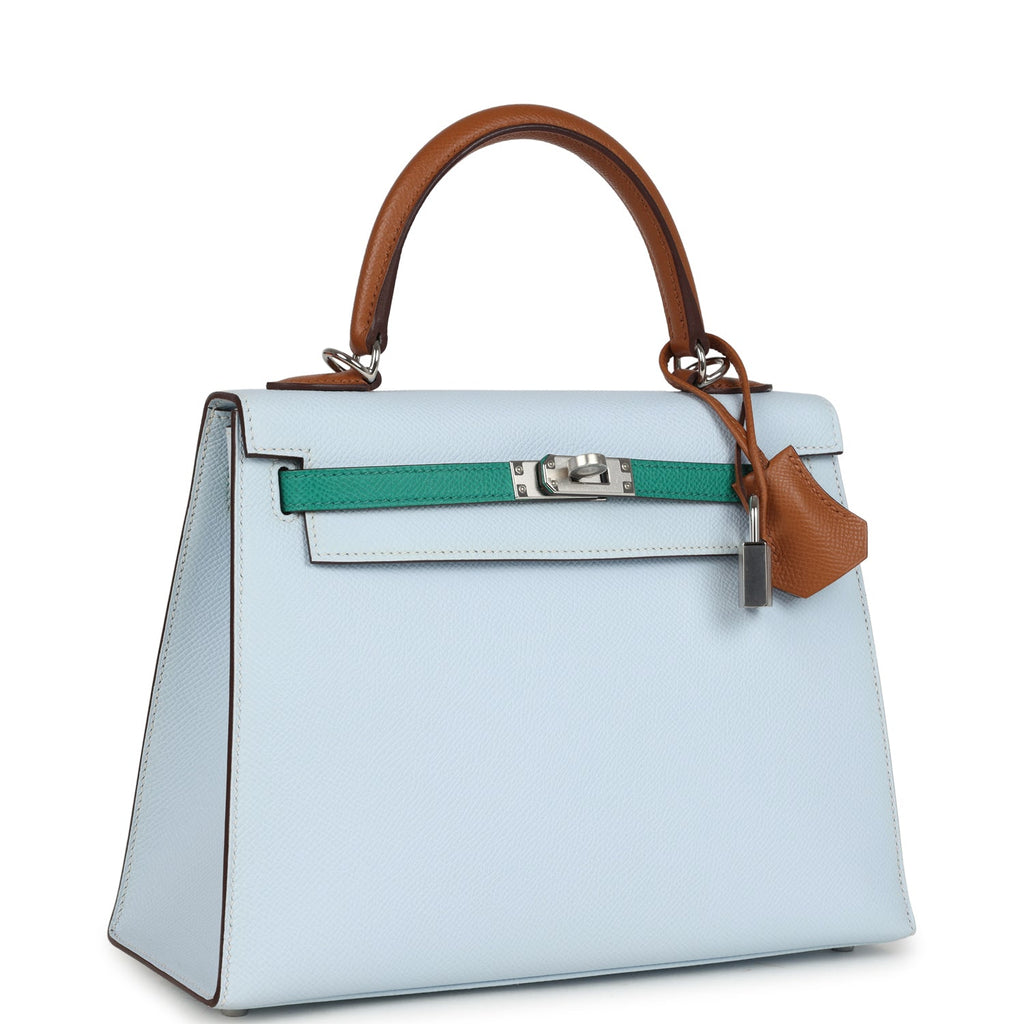 Hermes Kelly Sellier 25 Tri-Color Bleu Brume, Gold and Vert Jade Epsom Epsom Palladium Hardware - Image 3
