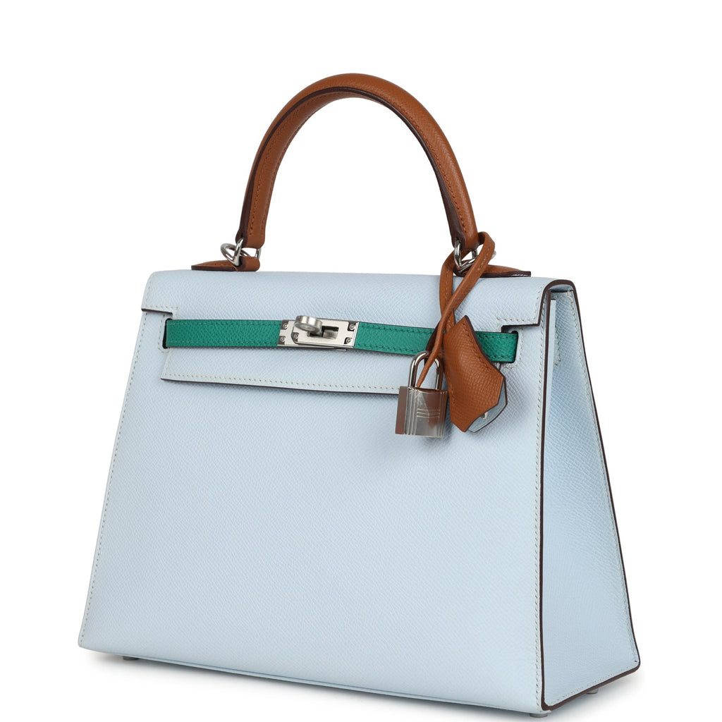 Hermes Kelly Sellier 25 Tri-Color Bleu Brume, Gold and Vert Jade Epsom Epsom Palladium Hardware - Image 6