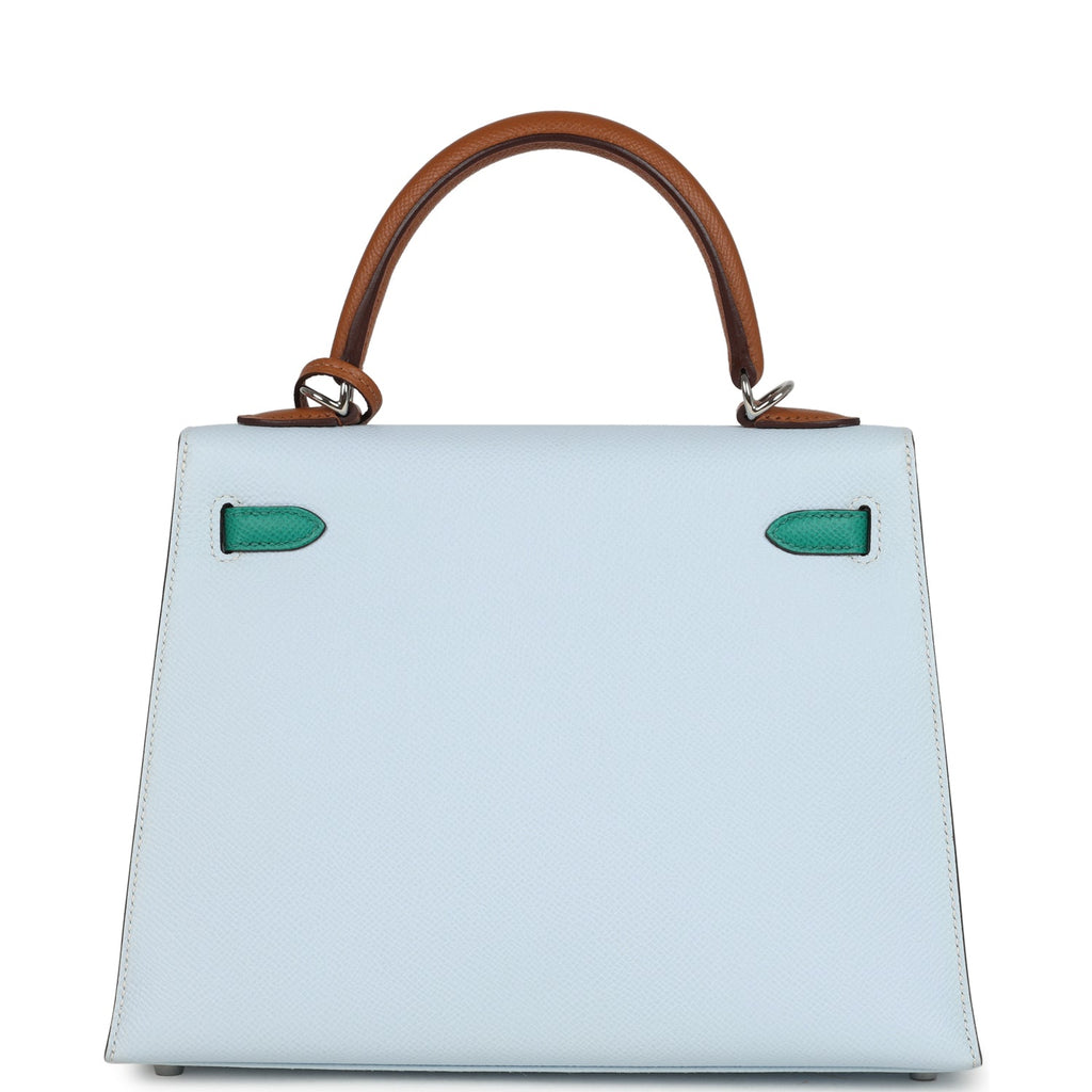 Hermes Kelly Sellier 25 Tri-Color Bleu Brume, Gold and Vert Jade Epsom Epsom Palladium Hardware - Image 5