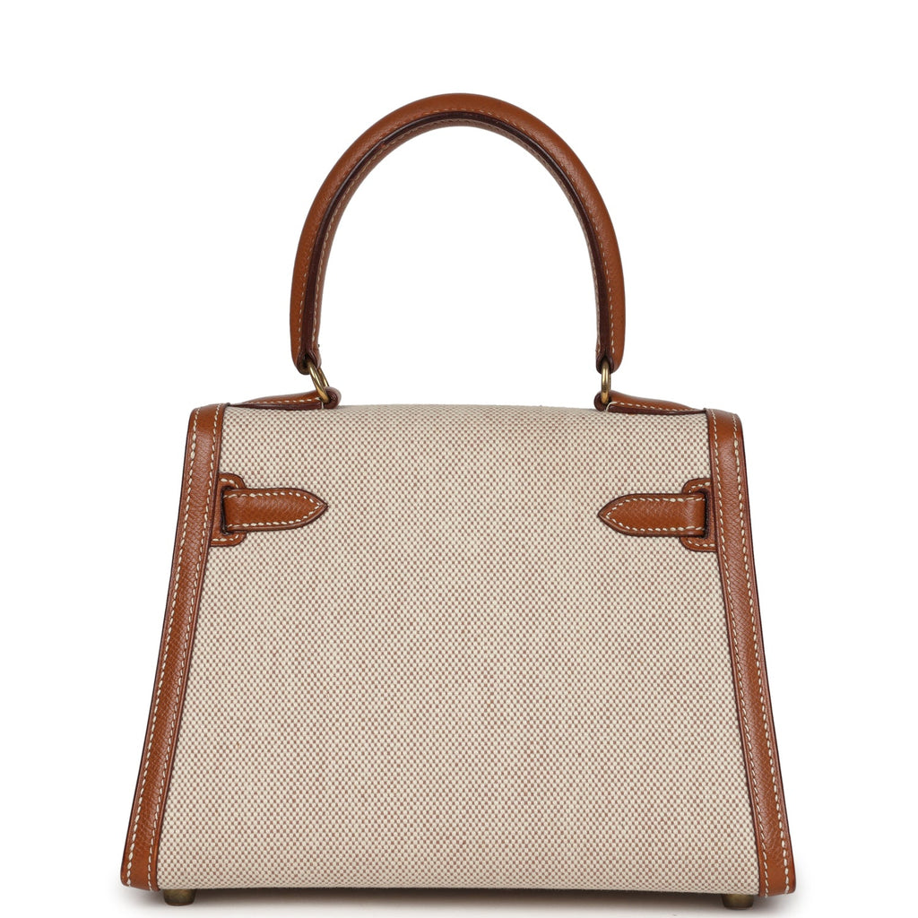 Vintage Hermes Kelly Sellier 20 Gold Courchevel and Ecru-Beige Toile H Canvas Gold Hardware - Image 5