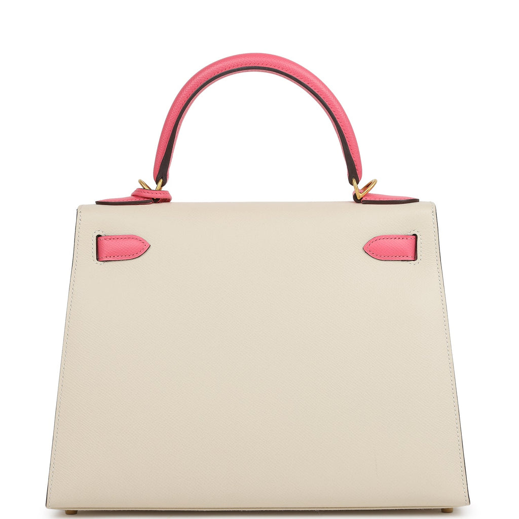 Pre-owned Hermes Special Order (HSS) Kelly Sellier 28 Craie and Rose Azalee Epsom Brushed Gold Hardware - Image 5