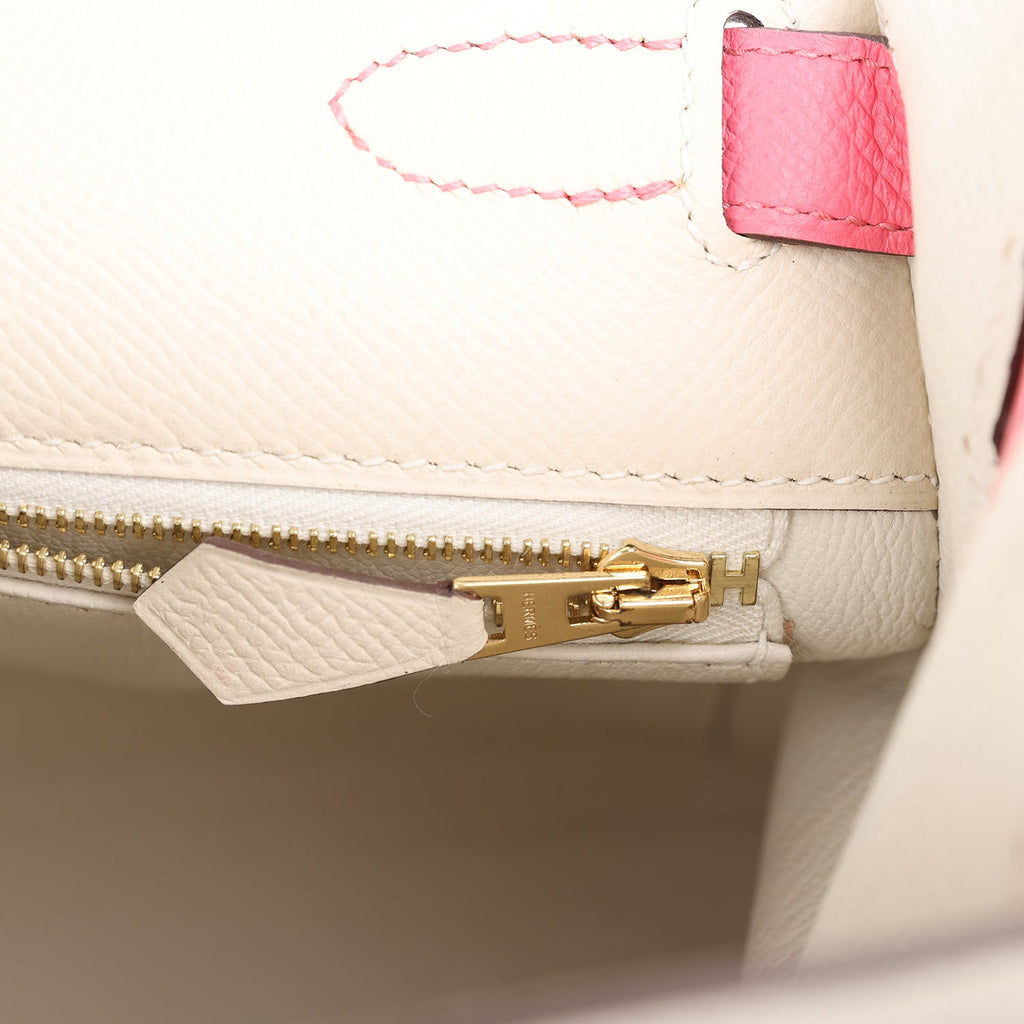 Pre-owned Hermes Special Order (HSS) Kelly Sellier 28 Craie and Rose Azalee Epsom Brushed Gold Hardware - Image 10