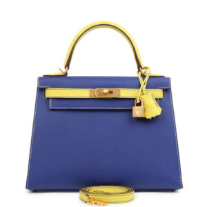 Hermes Special Order (HSS) Kelly Sellier 28 Bleu Electric and Lime Epsom Brushed Gold Hardware