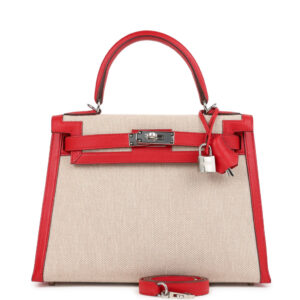 Pre-owned Hermes Kelly Sellier 28 Rouge De Coeur Swift and Beige-Ecru Toile H Canvas Palladium Hardware
