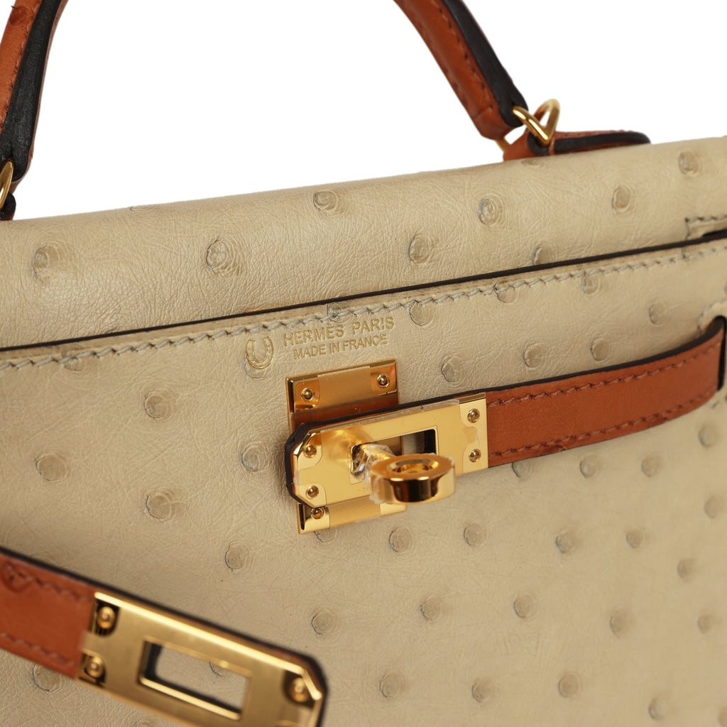 Hermes Special Order (HSS) Kelly Sellier 20 Parchemin and Cognac Ostrich Gold Hardware - Image 8