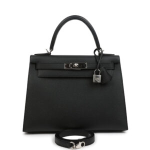Pre-owned Hermes Kelly Sellier 28 Black Epsom Palladium Hardware