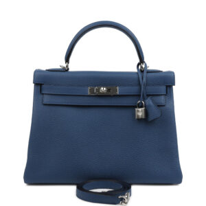 Hermes Kelly Retourne 32 Bleu Tie Clemence Palladium Hardware